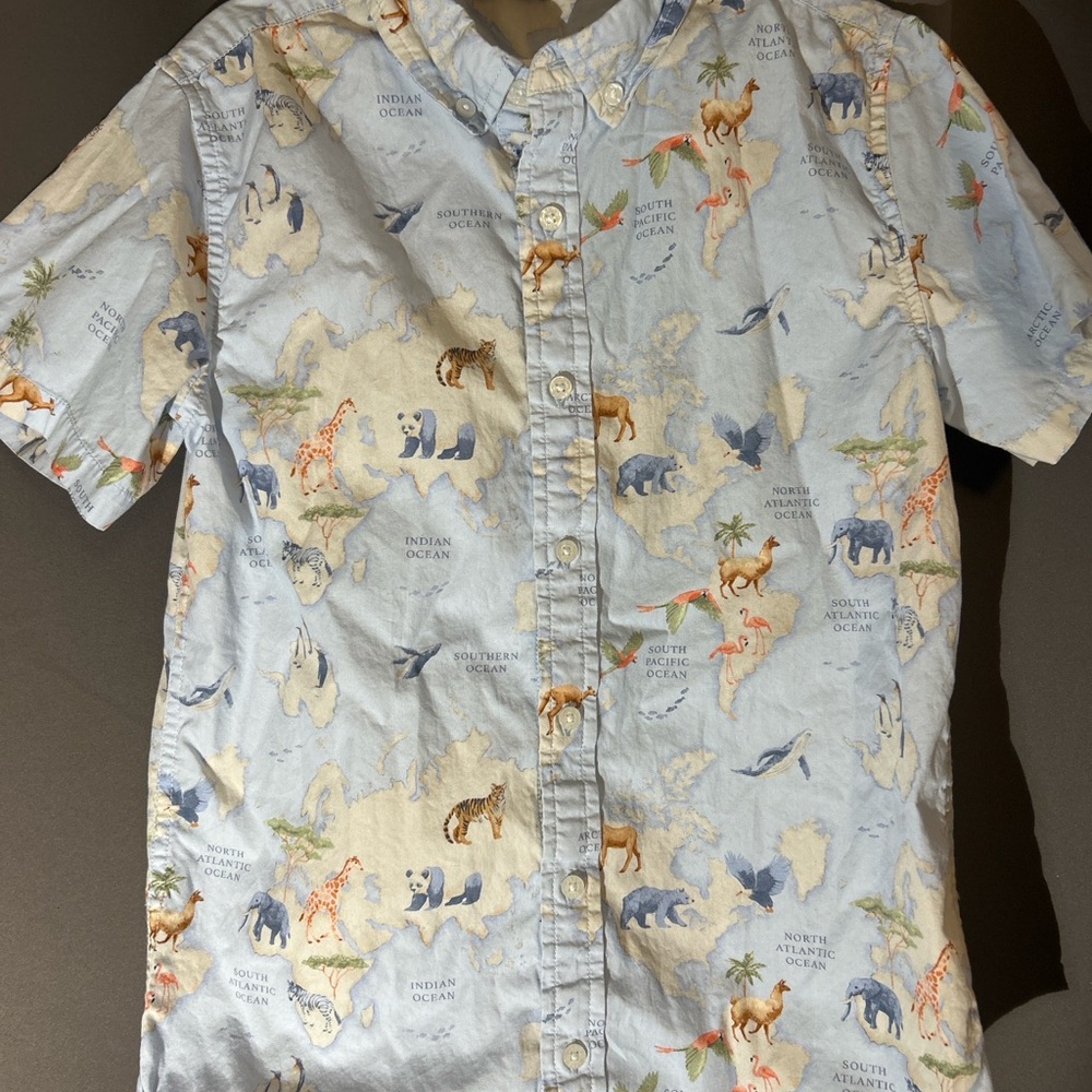 Janie and Jack Boys Button Down Shirt World Map Animal Print 100% cotton